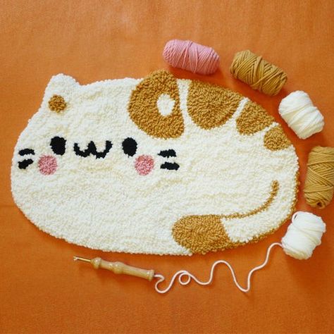 Cat Punch Needle, Embroidery Creative, Punch Needle Rug, Rug Hooking Kits, Cat Rug, Carpet Material, Yarn Embroidery, Punch Needle Kits, Monks Cloth