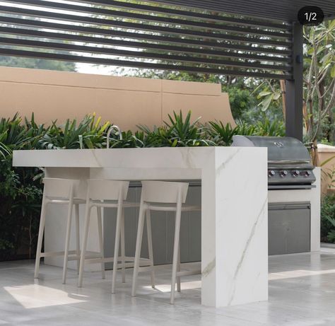 Marble Outdoor Kitchen, Outdoor Granite Bar, Concrete Waterfall Countertop Outdoor, Outdoor Concrete Bar Table, Patio Bar Table Concrete, Modern Outdoor Bar, Concrete Outdoor Kitchen, Concrete Patio Makeover, Outdoor Bbq Area