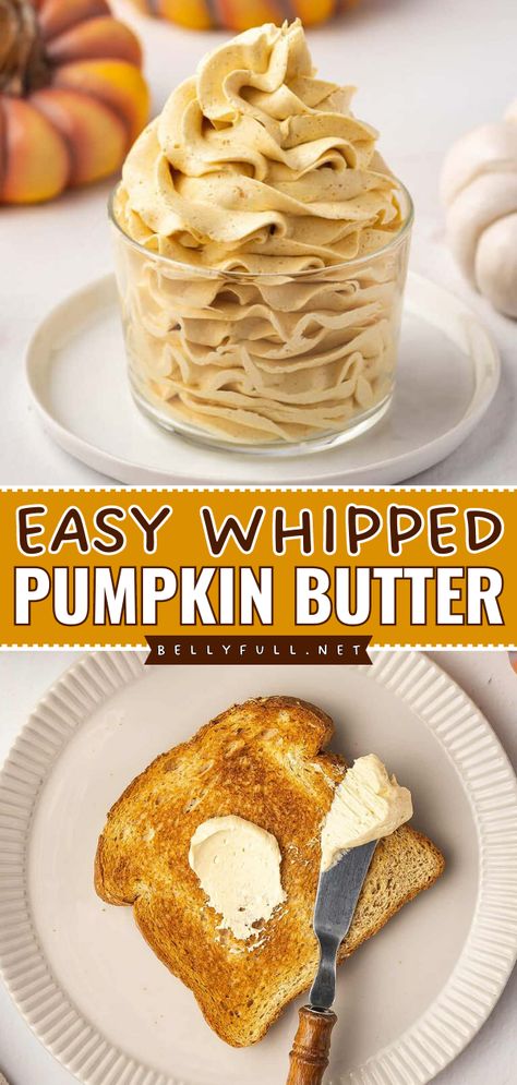 This Whipped Pumpkin Butter is an easy homemade staple! 5 ingredients are all you need for this sweet pumpkin recipe. Rich, creamy, and fluffy, this flavored butter is the perfect DIY cornbread for bread, pancakes, and more! Save this easy fall recipe! Homemade Pumpkin Butter Recipe, Whipped Pumpkin Butter, Easy Pumpkin Butter Recipe, Flavored Butters Recipes, Thanksgiving Butter Recipes, How To Make Pumpkin Butter, Whipped Flavored Butter, Pumpkin Spice Butter, Canning Pumpkin Recipes