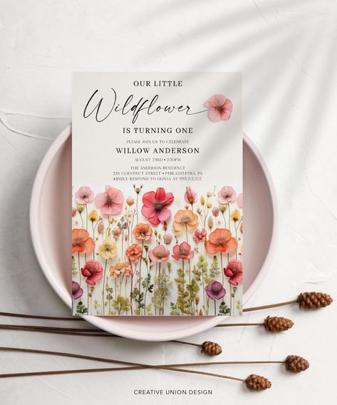 Wildflowers Birthday Party, Wild Flower First Birthday Party, Wild One Wildflower First Birthday, Wild Flower Party Theme, Wildflower Birthday Theme, Wildflower 1st Birthday Party, Flower Theme Party, Wildflower 1st Birthday, Birthday Party Invite Template