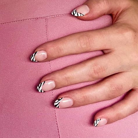 Nail inspo, funky nails, trendy nails, nails 2021, french tips, trending, tik tok, summer nails, minimal nails Zebra Print Tip Nails, French Tip Zebra Nails, Zebra Print French Tips, Zebra Tip Nails, Zebra Print French Tip Nails, Zebra French Nails, Zebra French Tip Nails, Zebra French Tip, F1 Nails