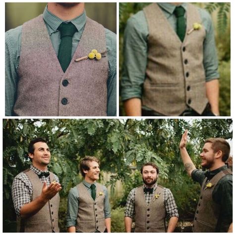 Groom and Groomsman. Gray vest, green shirts and contrasting green Bow tie or tie. Rolled up sleeves and either gray or black chinos. Groom could wear vest groomsmen just the shirt and bow tie. All have sleeves rolled up. Groom Rolled Up Sleeves, Vest Only Groom Attire, Green Shirt Groomsmen, Groom Outfit No Jacket, Flannel Groomsmen Attire, Green Vest Groomsmen, Emerald Green Groomsmen Attire Casual, Black Suit Green Vest, Green And Khaki Outfit Men