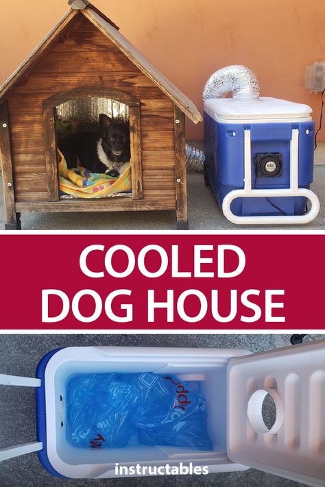 The Hot Dog House is a pet house that is cooled via a cooler setup to keep your dogs from getting too hot during the summer months. #Instructables #outside #AC #portable Dog House With Ac, Shade For Dogs, Easy Dog House, Outside Dog Houses, Portable Dog Kennels, Dog Kennel Designs, Diy Dog Kennel, Outdoor Dog House, Dog House Plans