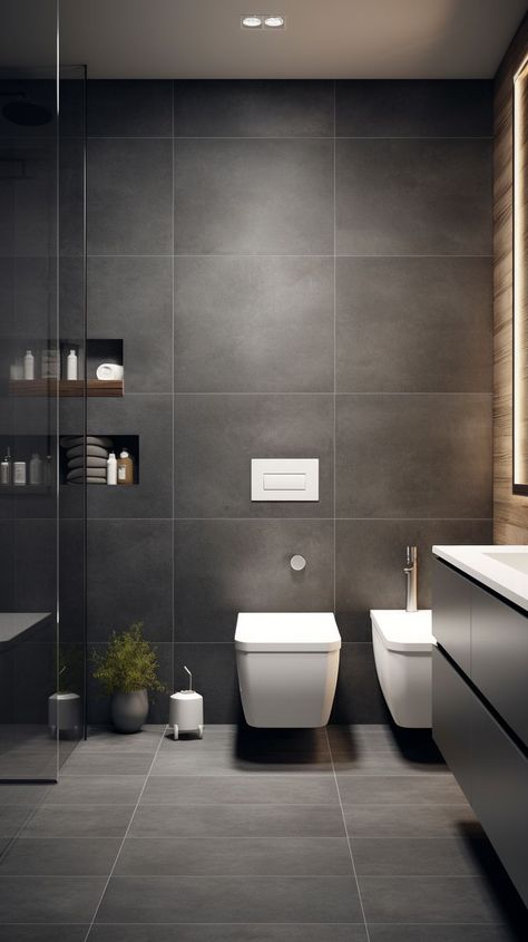 Grey Tone Bathroom, Dark Grey Bathroom Ideas, Black Washroom, Modern Bathroom Design Grey, Brown And Gray Bathroom, Stone Showers, Big Bathroom Design, Toilets Ideas, Masculine Bathroom Ideas