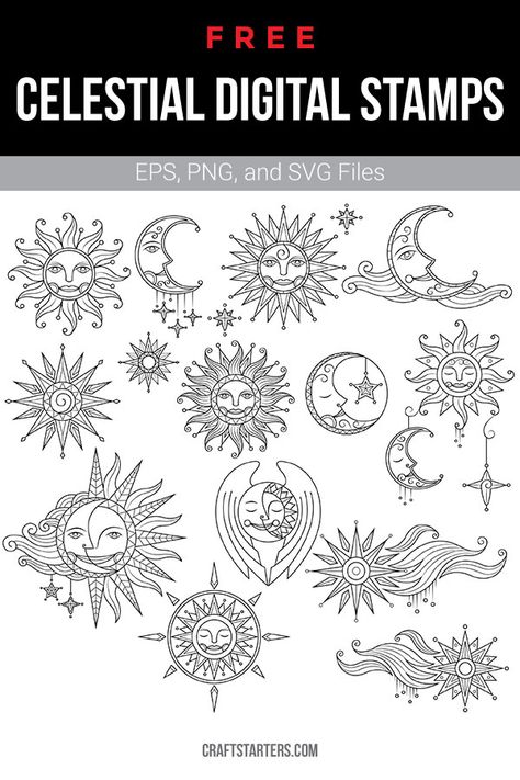 Celestial Svg Free, Celestial Art Tattoo, Witchy Svg Free, Random Designs Pattern, Moon Doodle Art, Celestial Doodles, Celestial Tattoo Ideas, Wildflower Illustration, Black And White Clip Art