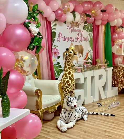 Princess/Safari Baby Shower Party Ideas | Photo 20 of 22 | Catch My Party Safari Theme Baby Shower With Pink, Safari Theme Baby Shower Ideas Girl, Girl Safari Baby Shower Ideas, Pink Safari Baby Shower Ideas, Safari Shower Ideas, Pink Safari Baby Shower, Safari Baby Shower Girl, Safari Baby Girl, Jungle Baby Shower Decorations