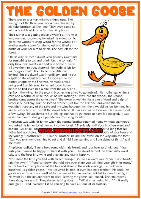 The Golden Goose ESL Reading Text Worksheet For Kids The Golden Goose Story, English Language Activities, Clothes Worksheet, Inspirational Bulletin Boards, Esl Reading Comprehension, Dictionary For Kids, Summer Preschool Crafts, English Corner, Reading Genres