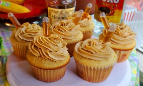 Fluffy Hennessy moist vanilla cupcakes topped with a sweet salted Hennessy Caramel Hennessy Cupcakes Recipe, Bridget Hennessy, Alcohol Cupcakes Recipes, Hennessy Cupcakes, Infused Cupcakes Recipes, Buttermilk Caramel, Infused Desserts, Boozy Cakes, Baileys Cupcakes