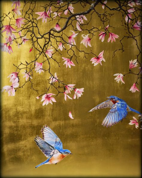 Fleurs Art Nouveau, Gold Art Painting, Leaf Painting, Hand Painted Wallpaper, Gold Leaf Art, Chinoiserie Wallpaper, Gold Leaf Painting, Blue Birds, Art Japonais