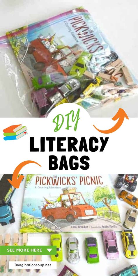 Literacy Kit Ideas, Take Home Literacy Bags Preschool, Reading Bags For Kindergarten, Story Bag Ideas, Literacy Bags Take Home, Book Related Crafts Preschool, Preschool Take Home Bags, Same Same But Different Book Activities, Preschool Book And Activity