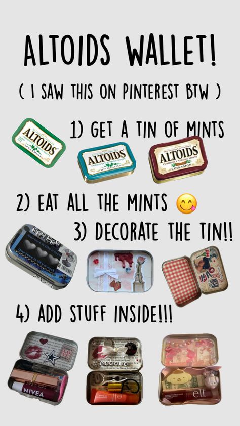 Altoids wallet!! #altoidswallet Diy Altoids Wallet, Trip Essentials Packing Lists, Mint Tin Crafts, Altoids Tins, Mint Tins, Diy Wallet, Pinterest Diy Crafts, Things To Do When Bored, Mini Craft