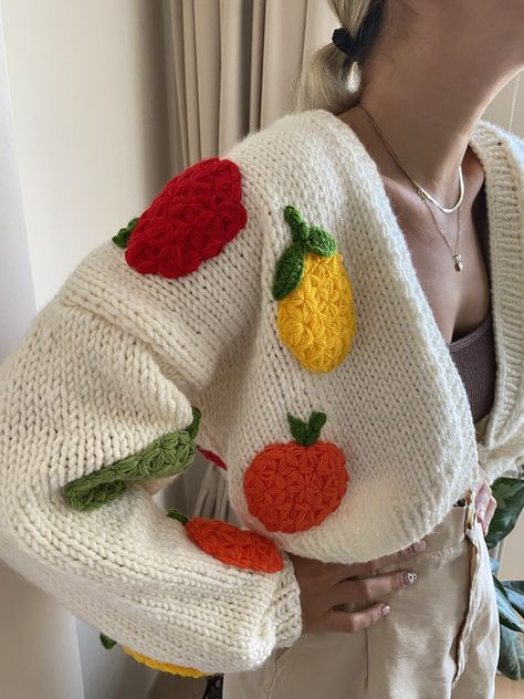 Fruit Cardigan, Woolen Sweater Design, Sweet Bonanza, Orange Cardigan, Cardigan For Women, Woolen Sweaters, Handmade Sweater, Cardigan Design, Crochet Food