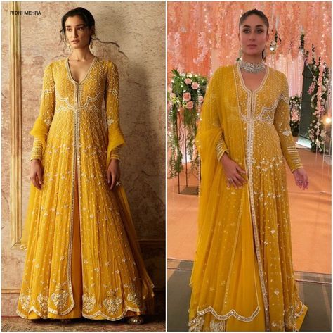 Yellow Gown Indian, Mayoun Outfit, Mayoun Dress, Yellow Indian Dress, Yellow Anarkali Dress, Yellow Anarkali Suits, Indian Bridal Wear Red, Yellow Anarkali, Ridhi Mehra