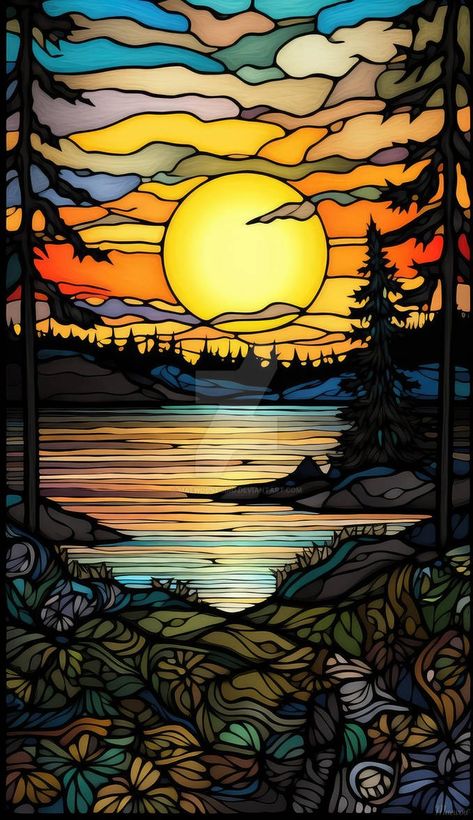 Stained Glass Art Landscape, Stained Glass Mural, Japanese Stained Glass Art, Glass Painting Scenery, Vitrage Art, Stained Glass Scenery Landscapes, Landscape Stained Glass Window, Stained Glass Forest Scene, Stained Glass Tattoo