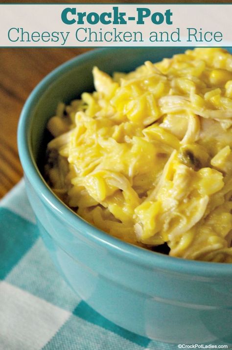 Crock-Pot Cheesy Chicken and Rice - A fun family-friendly meal, this recipe for Crock-Pot Cheesy Chicken and Rice is perfect for dinner or even taking to a potluck or party! [Gluten Free & Low Sugar] #crockpotladies #crockpot #slowcooker #dinnerrecipes #chickenrecipes Crockpot Rice Recipes, Chicken Rice Casserole Recipes, Cheesy Chicken And Rice, Cheesy Chicken Rice, Chicken And Rice Recipe, Chicken Rice Casserole, Yellow Rice, Chicken And Rice, Rice Casserole