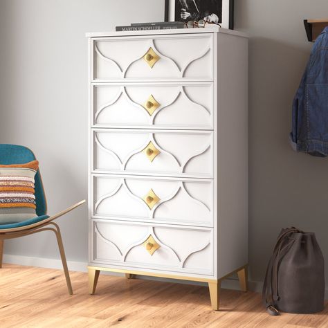 Willa Arlo Interiors Lomita 5 Drawer Chest in White and Gold & Reviews | Wayfair Light Academia Bedroom, Academia Bedroom, 5 Drawer Dresser, Vase Of Flowers, White Bedroom Furniture, 5 Drawer Chest, Glam Style, Bedroom Dressers, Dressers And Chests