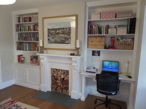 exeter alcove 5 Desk In Living Room Next To Fireplace, Built In Desk Near Fireplace, Built In Desk Fireplace, Built In Office In Living Room, Bedroom With Alcoves Ideas, Desk Beside Fireplace, Built Ins Around Fireplace With Desk, Desk In Alcove Spaces, Alcove Office Ideas Desks