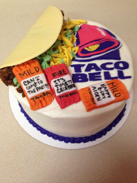 Taco Bell cake! Everything made from cake, icing and fondant. Taco Bell Cake, Taco Birthday Cake, Taco Bell Party, Taco Party Decorations, Taco Cake, Taco Birthday, Farewell Cake, Amazing Craft Ideas, Cupcake Flavors