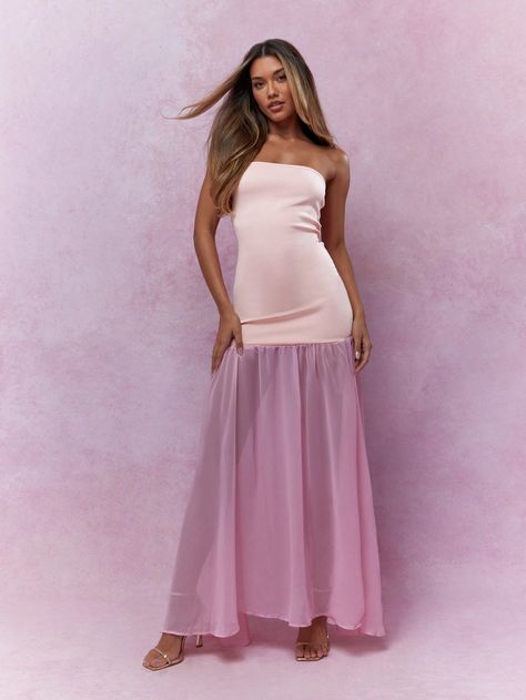 Jersey Bandeau Long Sheer Ruffle Hem Maxi Dress Pink Elegant,Party  Sleeveless Knitted Fabric Colorblock,Plain Bodycon High Stretch  Women Clothing, size features are:Bust: ,Length: ,Sleeve Length: Women Maxi Dresses, Bandeau Maxi Dress, Elegant Dresses Long, Women Maxi, Elegant Party, Pink Maxi Dress, Ruffled Maxi Dress, Dress 100, Dress Pink