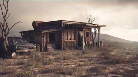 Abandoned Desert, Apocalypse House, Apocalypse Landscape, Old Western Towns, Apocalypse Aesthetic, Desert House, Post Apocalyptic Art, Props Concept, Apocalypse Art