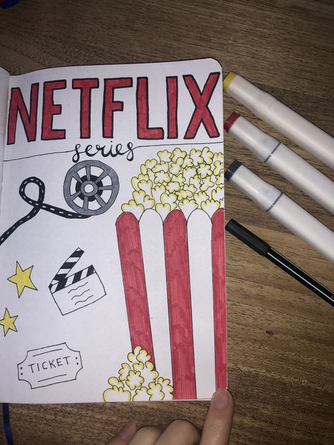 Movie Night Doodles, Netflix Journal Ideas, Netflix Doodle, Movie Drawings Easy, Netflix Journal, Bullet Journal Films, Netflix Drawing, Bullet Journal Netflix, Year Journal