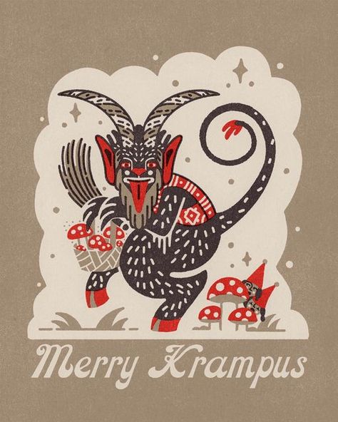 Zaine Vaun on Instagram: "Merry Krampus to one and to all! • • • #krampus #krampusillustration #christmasillustration #krampustime #mushrooms #christmascard #holidaycard #merrykrampus #happyholidaze" Cute Christmas Art Aesthetic, Krampus Themed Christmas, Krampus Embroidery, Krumpas Christmas, Krampus Silhouette, Krampus Crafts, Krampus Aesthetic, Krampus Drawing, Cryptid Christmas