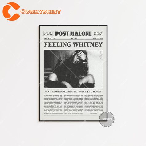 Post Malone Newspaper Feeling Whitney Poster Lyric Print Check more at https://corkyshirt.com/post-malone-newspaper-feeling-whitney-poster-lyric-print/ Lyric Prints, Post Malone, Newspaper, Writing, Songs, Things To Sell, Feelings