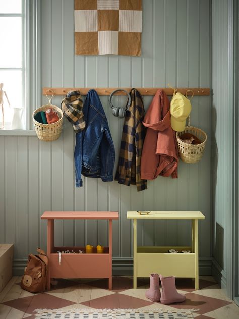 Functional Hallway Ideas, Toddler Coat And Shoe Area, Kid Friendly Entryway Ideas, Toddler Entryway, Kids Entryway Ideas, Small Mudroom, Kids Mudroom, Entry Closet Ideas, Coat Closet Ideas