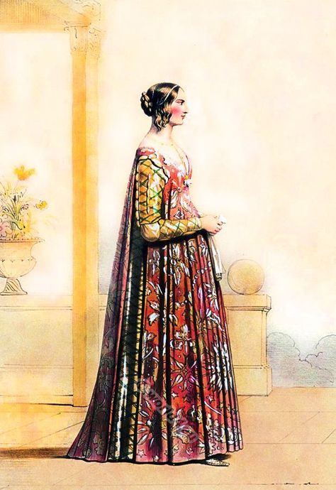 Italy costume 14th century. Italian Middle ages fashion 15th Century Fashion, 14th Century Clothing, Byzantine Fashion, Century Dress, Italian Dress, Middle Age Fashion, Century Clothing, Italian Women, Medieval Clothing