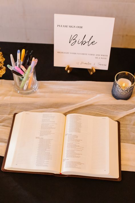 Family Bible Wedding Guest Book, Christian Guest Book Ideas, Bible At Wedding Reception, Cheap Wedding Diys, Guest Book Bible Sign, Wedding Signing Book Ideas, Guest Bible Wedding, Bible Themed Wedding, Christian Wedding Ideas Decor Receptions