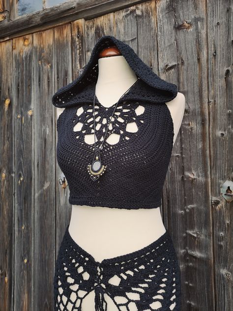 Made To Order ~ Hooded Crop Top handmade with organic cotton ~ crochet top, sustainable fashion, slow fashion, boho clothing, bohemian, festival style, fairy, elven, costume Crochet Fairy Top, Diy Crochet Cardigan, Elven Costume, Fairy Crochet, Festival Crochet, Hooded Crop Top, Crochet Festival, The Siren, Crochet Clothing And Accessories