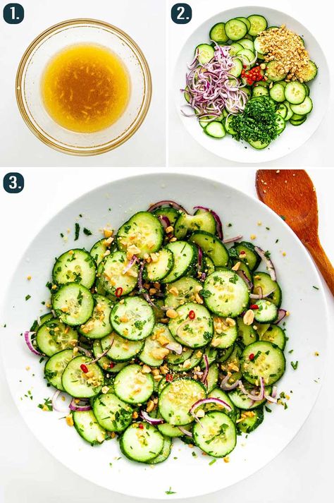 This Thai Cucumber Salad is so easy to make! Asian inspired ingredients come together to make a light, crunchy and delicious salad. #thai #cucumbersalad #recipe