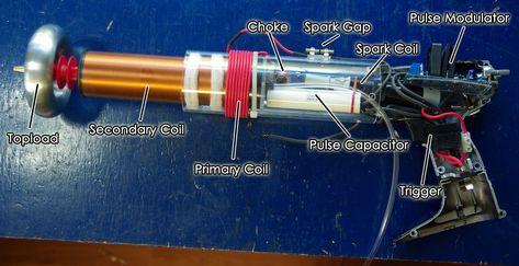 The DIY Plasma Gun II is an improved version of a compact, portdable, spark gap Tesla coil which can create jets of high voltage plasma and even doubles as a flame thrower! Description from rmcybernetics.com. I searched for this on bing.com/images Diy Tesla Coil, Tesla Turbine, Tesla Free Energy, Tesla Technology, Spark Gap, Flame Thrower, Robotics Projects, Diy Gadgets, Diy Tech