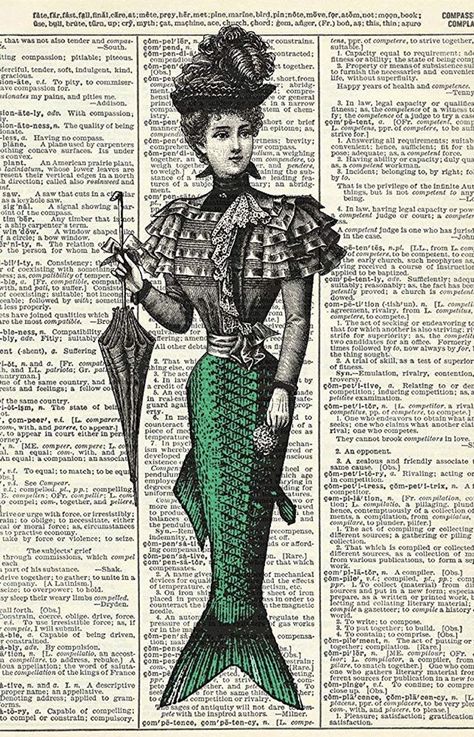 Victorian Mermaid, Antique Wall Art, Victorian Illustration, Zine Design, Boho Poster, Mermaid Painting, Dictionary Art Print, Vintage Dictionary, Vintage Mermaid