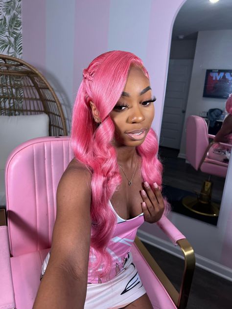 Pink Frontal Wig Hairstyles, Colored Wig Hairstyles, Pink Wig Hairstyles, Pink Wig Install, Unique Wig Hairstyles, Vacay Hairstyles, Colourful Wigs, Nicki Concert, Pink Lace Front Wig