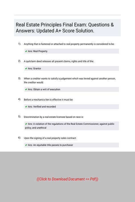 Real Estate Principles Final Exam Questions amp Answers Updated A Score Solution 
 Follow Link above to Download the document (pdf) Real Estate Exam Cheat Sheet, Real Estate Exam, Real Estate Education, Final Exam, Final Exams, Homework Help, Cheat Sheet, Cheat Sheets, Question And Answer