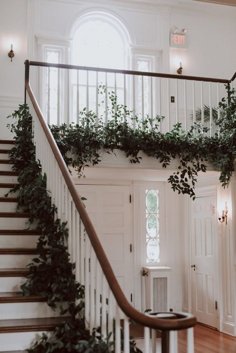 White And Green Centerpieces, Aswarby Rectory, Wedding Staircase, Summer Greenery, Green Centerpieces, Leesburg Virginia, Wedding Social, Staircase Decor, Home Schooling