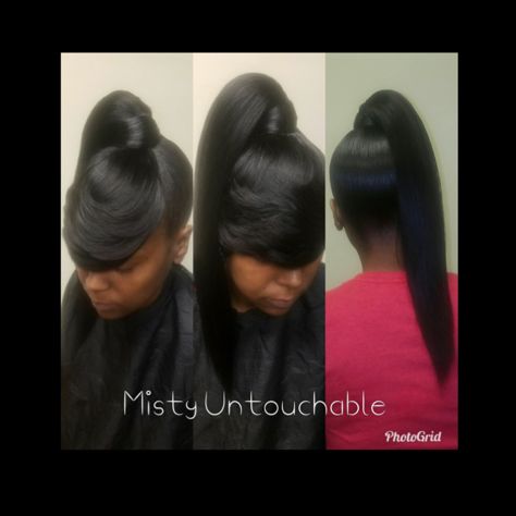 Ponytail with feather bang By Misty Govan of Indianapolis Feather Bangs, Extended Ponytail, Black Hair Updo Hairstyles, Bangs Ponytail, Feathered Bangs, Waves Hair, Colourful Hair, Loose Waves Hair, All Hairstyles