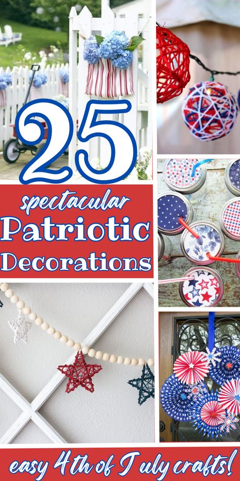 If need red white and blue crafts, check this out! Here are 25 patriotic decorations that you can DIY! This festive home decor is ideal for Memorial Day, 4th of July or Summer! These 4th of July crafts for adults are so easy that even the kids can help! DIY patriotic crafts are a wonderful way to celebrate America in a fun and festive way! DIY 4th of July Decorations | Patriotic Ornaments Diy, 4th Of July Diy Decor, July Crafts For Adults, Diy 4th Of July Crafts, Red White And Blue Crafts, Fourth Of July Crafts For Adults, Diy 4th Of July Decorations, Memorial Day Crafts, Patriotic Decorations Diy