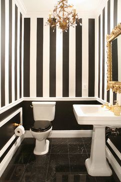 Entryway Wall - Four Design Options - Addicted 2 Decorating® Traditional Powder Room, Trending Wallpaper, Black And White Bathroom, White Toilet, Black White Bathrooms, White Bathroom Designs, Bathroom Color Schemes, Striped Walls, Bad Inspiration