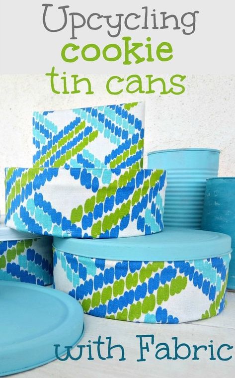 How to Decorate Cookie Tins with Fabric - The Boondocks Blog The Boondocks, Mod Podge Crafts, Paint Fabric, Recycle Cans, Cookie Tin, Upcycle Ideas, Antique Trunk, Thrifty Living, Tin Can Crafts