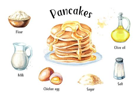 Recipe For Pancakes, Pancake Drawing, Homemade Recipe Books, Homemade Cookbook, Recipe Drawing, Food Infographic, Recipe Scrapbook, Watercolor Food, Idee Pasto Sano