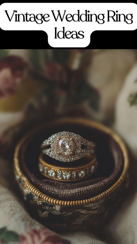 Vintage wedding ring stack with vintage-style ring box and pillow. Wedding Ring Stack Ideas, Ring Stack Ideas, Antique Wedding Rings Sets, Wedding Ring Stack, Wedding Ring Ideas, Old Fashioned Wedding, Vintage Wedding Rings, Vintage Wedding Ring, Elegant Wedding Rings