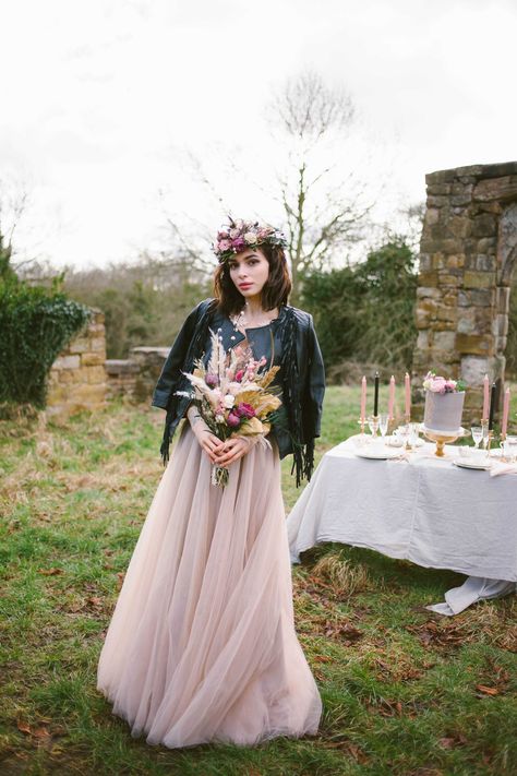 Perfectly Imperfect- Alternative wedding inspiration with wild florals and a rock chick look Alternative Wedding Inspiration, Hand Painted Leather Jacket, Painted Leather Jacket, White Bridal Gown, Ethical Wedding, Sustainable Wedding, Rock Chick, Wedding Look, Romantic Bride