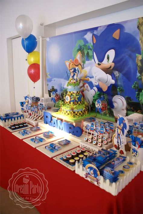 "SONIC" - 6 th Birthday Birthday Party Ideas | Photo 1 of 18 | Catch My Party Sonic Treat Table, Sonic Boom Birthday Party, Sonic Birthday Theme Party Ideas, Sonic Birthday Treats, Sonic And Knuckles Birthday Party, Sonic Party Food Ideas, Sonic Dessert Table, Sonic 4th Birthday, Sonic Birthday Party Ideas Boys