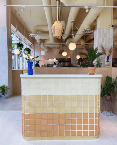 Spotted— #FireclayTileInTheWild at @thatchmiami! 🔍🌾 - Tile shown: 4x4 in Koi, Haystack, & a custom yellow. - Design: @continuumbazaar - #commercial #commercialdesign #handmadetiles #thatchmiami #fireclaytile #fireclaykoi #fireclayhaystack Reception Desk Tile, Tiled Reception Desk, Tile Reception Desk, Gallery Landing, Kitchen Tile Inspiration, Bar Tile, Miami Restaurants, Recycled Tile, Fireclay Tile