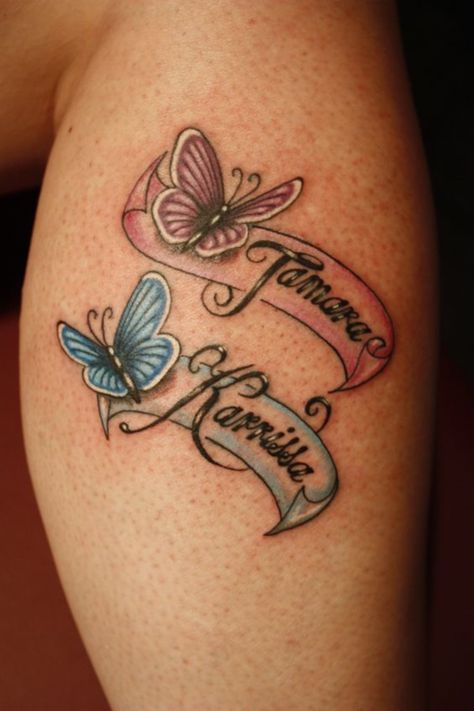 Name Tattoos Designs, Tato Nama, Grandchildren Tattoos, Butterfly Name Tattoo, Mangas Tattoo, Kid Name Tattoo, Two Butterflies, Tattoos With Kids Names, Wild Tattoo