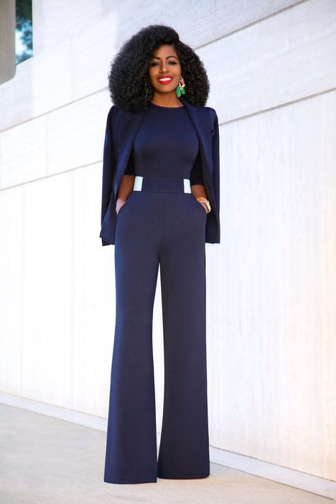 Style Pantry | Fitted Blazer + Contrast Waist Jumpsuit Woman Suit Fashion Classy Blazers, Office Jumpsuit Work Outfits, Outfits For Interview, How To Wear A Jumpsuit, Womens Business Attire, Style Pantry, Business Attire Women, Formal Jumpsuit, Jumpsuit And Blazer