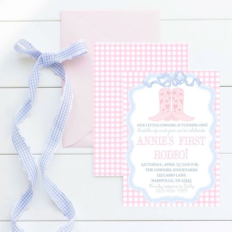 Bow Themed First Birthday Party, First Birthday Bow Theme, First Birthday Girl Bow Theme, Pink Gingham 1st Birthday, Preppy Cowgirl Birthday Invitations, First Rodeo Birthday Party, Bows Party, Preppy Cowgirl, Rodeo Birthday Party