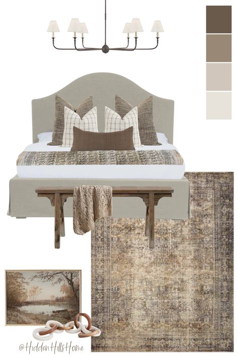 Vintage inspired primary bedroom decor mood board with rust and brown tones! This bedroom features a curved upholstered bed paired with a rust toned rug Taupe Upholstered Bed, Modern Traditional Bedroom Decor, Modern Traditional Bedroom, Modern Vintage Bedrooms, Decor Mood Board, Vintage Inspired Bedroom, Cozy Bedroom Design, Bedroom Design Inspiration